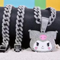 Sanrio Hello Kitty & Kuromi Iced Out Cuban Link Necklace with Pendant Large Iced Bale Pendant 2 x 1.4&rsquo;&rsquo; Chain 19&rsquo;&rsquo; approximate