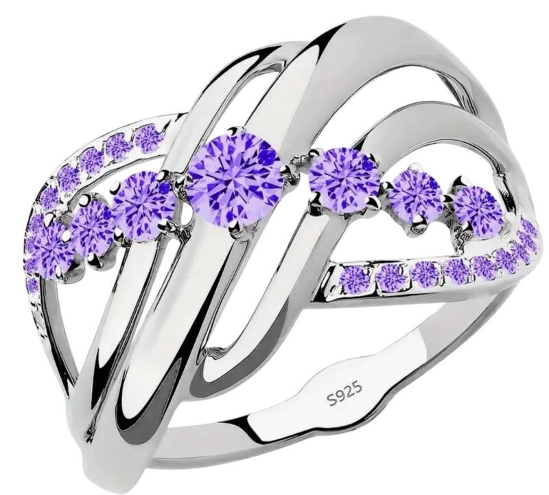 Marked 925S Elegant Ring Purple Stones in a Wave Braid Cross Over Multi-Layer Design Size 8