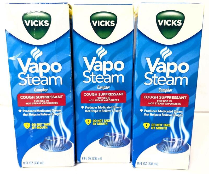 3 New (EXP 01/2025) VICKS Vapo Steam Camphor Cough Suppressant For Use In Hot Steam Vaporizers, 236ml ea