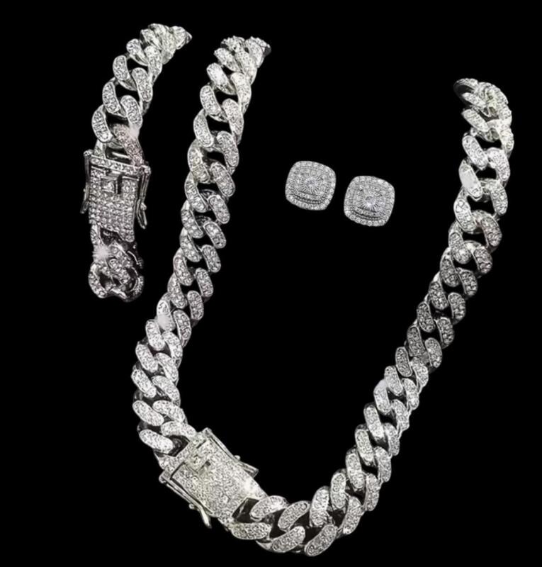 Cuban Link Iced Out Set Bracelet Necklace Earrings Necklace Box Clasp W/ db safety 20&rsquo;&rsquo; Bracelet 8&rsquo;&rsquo; Pierced Square Earrings.5&rsquo;&rsquo; approximately