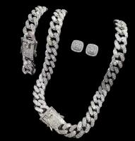 Cuban Link Iced Out Set Bracelet Necklace Earrings Necklace Box Clasp W/ db safety 20&rsquo;&rsquo; Bracelet 8&rsquo;&rsquo; Pierced Square Earrings.5&rsquo;&rsquo; approximately
