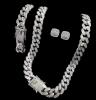 Cuban Link Iced Out Set Bracelet Necklace Earrings Necklace Box Clasp W/ db safety 20&rsquo;&rsquo; Bracelet 8&rsquo;&rsquo; Pierced Square Earrings.5&rsquo;&rsquo; approximately