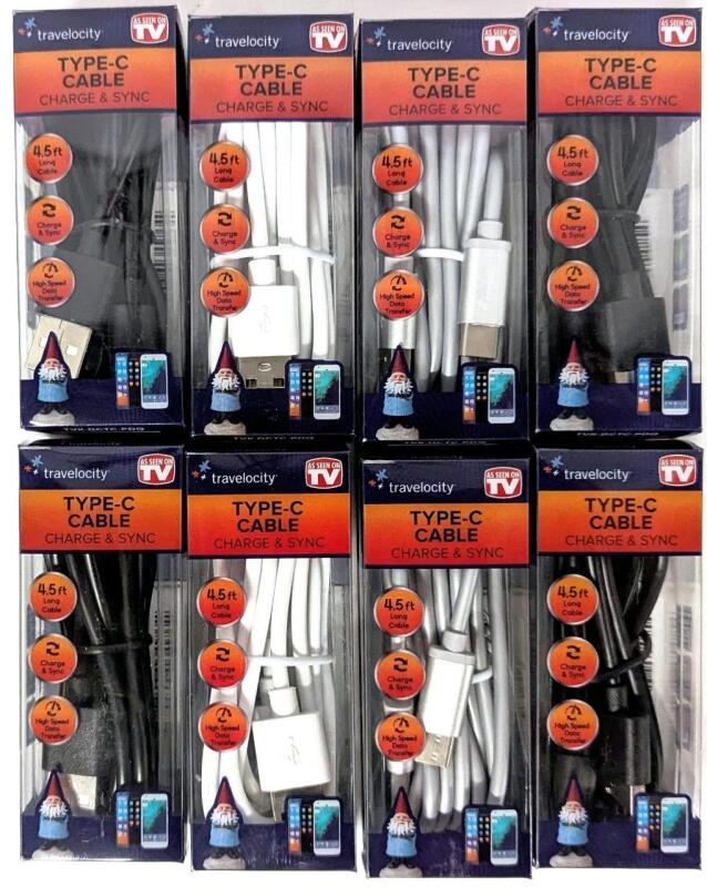 8 New TRAVELOCITY Type-C Cable Charge & Sync, USB-C to USB-A, 4.5ft Long [COLOURS MAY VARY] TVK-DCTC-PDQ