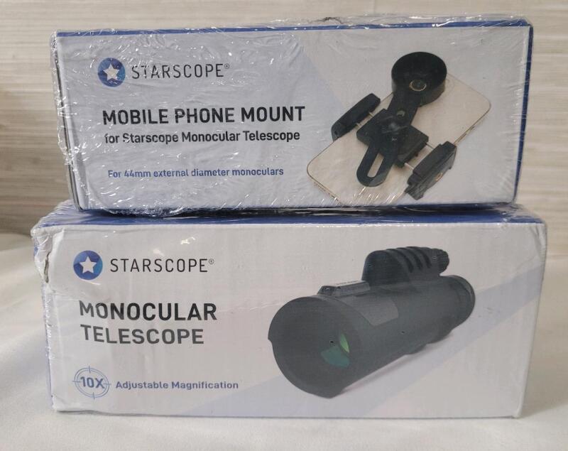 New - Starscope Monocular Telescope 10&times; Adjustable Magnification & STARSCOPE Monocular G3 Phone Mount - Dual Spring-Loaded Telescope Phone Adapter Mount | Foldable Monocular Telescope for Phone Mount . Both Sealed