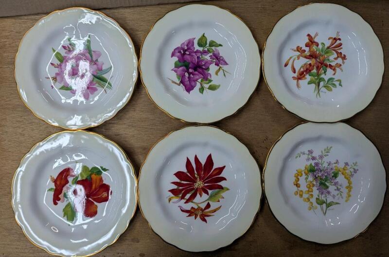 6 Royal Worcester Bermuda Flowers Bone China Plates. 9" Across. No chips or cracks noted.