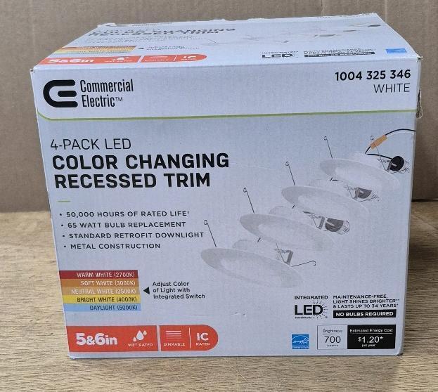 4 New Commercial Electric 5/6" Integrated LED Recessed Retrofit Light Trim with Selectable Color Temperature