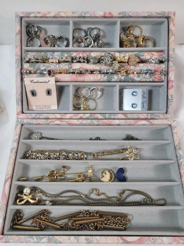 Assorted Jewelry Lot . Rings , Necklace , Pins , Brooches . Two (2) Trays Full