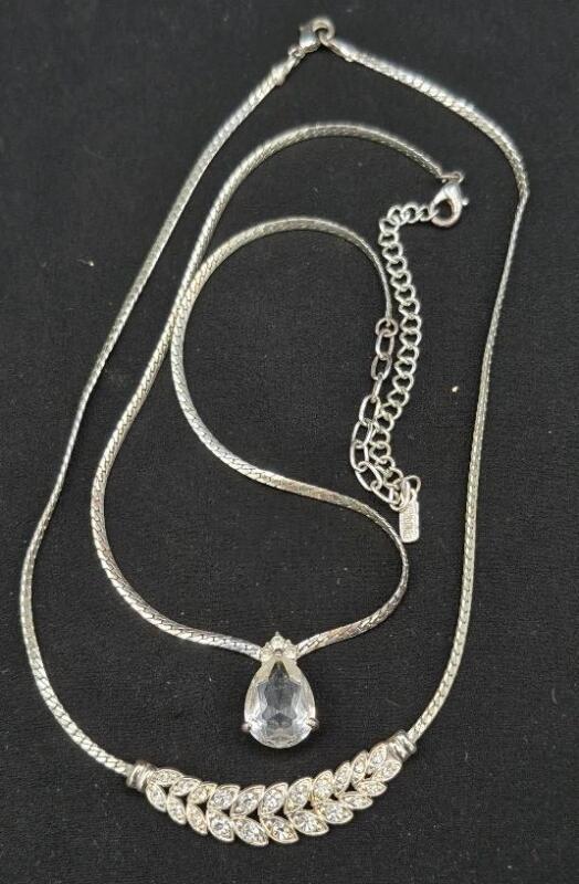 2 Vintage Necklaces with Clear Stones - Signed Vendome Teardrop Pendant Necklace 16" Long