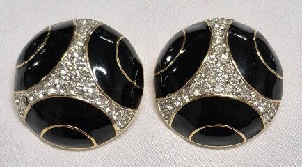 Vintage Signed Nina Ricci Clear Stones & Enamel Earrings - Clip-ons 1.15" Diameter