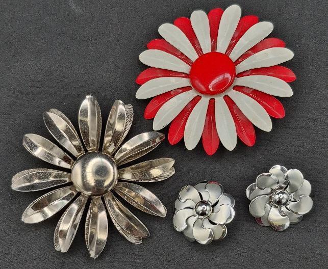 Vintage Metal Floral Enamel Brooches 3" Diameter & Earrings Pierced 1.25" Diameter