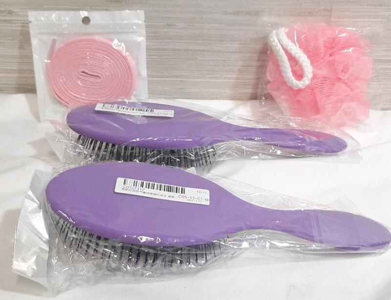 2 New Purple Hairbrushes, Pink Shower Scrub & Pink Shoelace