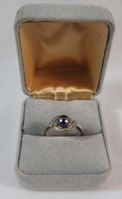Sterling Silver Black Pearl & CZ Ring , Size 8 . Stamped 925 - NVC - 8