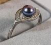 Sterling Silver Black Pearl & CZ Ring , Size 8 . Stamped 925 - NVC - 8 - 2