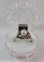 Vintage Stamped " Silver " Pearl Ring , Size 9.5