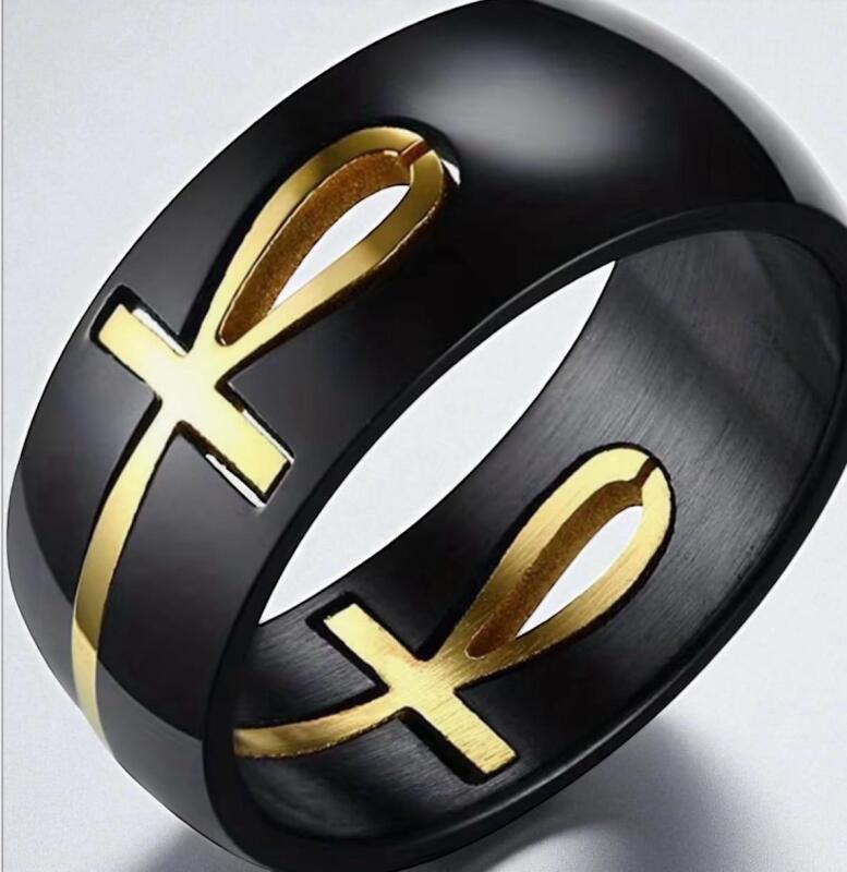 Egyptian Ankh Cross Symbol Ring 2-Tone Black & Golden Stainless Steel Wedding Band Size 12.5