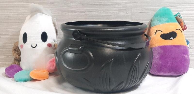 2 New Halloween Plush Dog Toys & Cauldron Candy Bucket