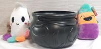 2 New Halloween Plush Dog Toys & Cauldron Candy Bucket