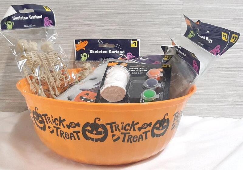 Lot of New Halloween Decorations, Including Skeleton Garlands, Tubes of Fake Blood, Treat Bags, A Paint Your Own Figure Set & Candy Bowl