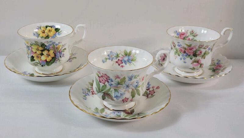 Three (3) Royal Albert Cup & Saucers . " Bourton " , " Moss Rose " & " Summertime Series " . All Cups and Saucers Ring True