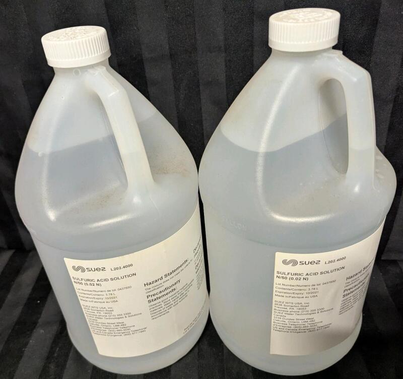 2 New (Expired 10/2021) 3.78L Bottles of Suez Sulfuric Acid Solution. N/50 (0.02 N)