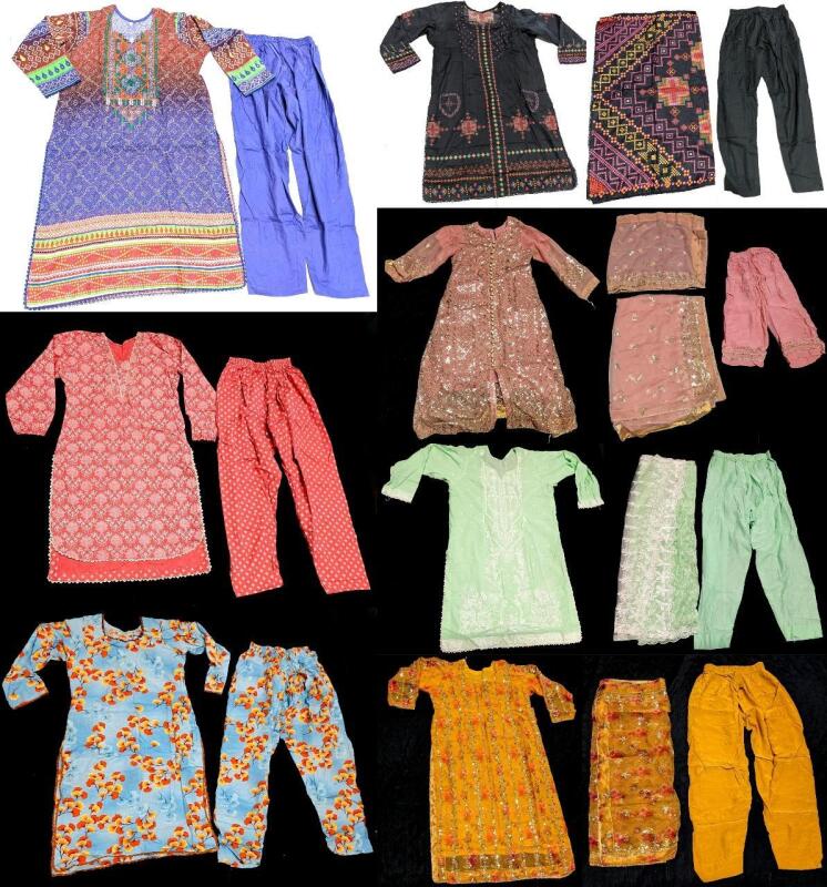 7 New Assorted Size Women's & Teen Girls 2-4 Piece Cambric Tunic & Elastic Waist Trouser Sets (incl Matching Scarves When Applicable)