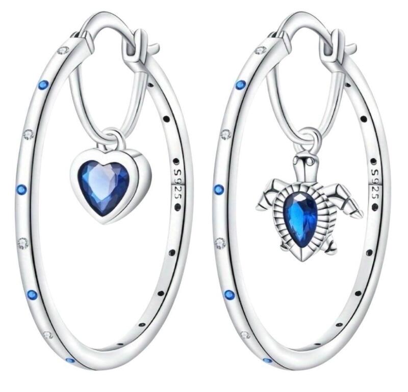 Marked 925 Sterling Round Hoop Earrings asymmetrical Turtle and Heart Approximately 1.3&rsquo;&rsquo; Drop