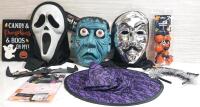 Lot of Halloween Items, Including Face Masks, Necklace, Plastic Bat, Wood Sign, Plastic Tablecover, Headband & Witch's Hat