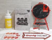 Lot of Outdoor Grill Items, Including Stainless Steel Magnetic Seasoning Jars, Wood Signs, Food Picks, Condiment Dispenser & Chalkboard Sign