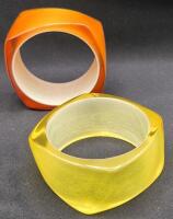 2 Vintage LUCITE PLASTIC BANGLE BRACELETS - Orange & Yellow