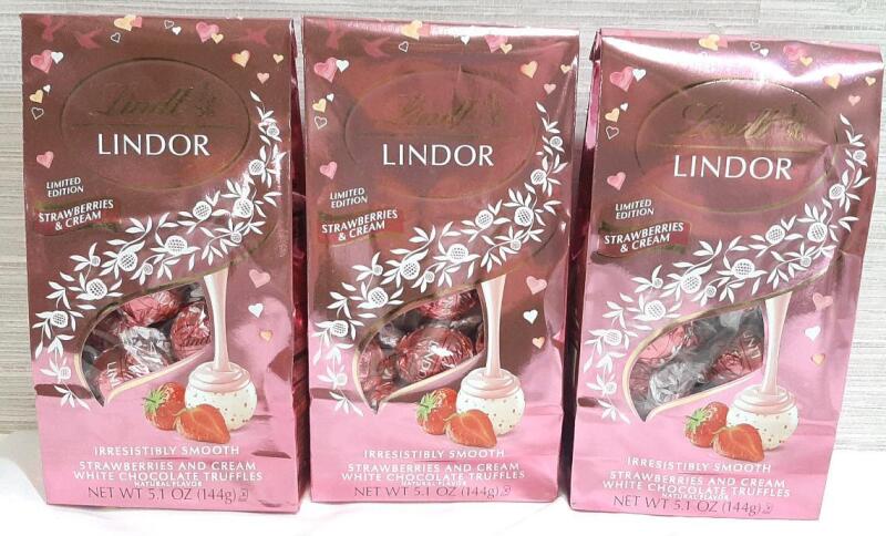 3 New Packs of Lindt Lindor Strawberries And Cream White Chocolate Truffles | 144g Each, Best Before October 31st 2025