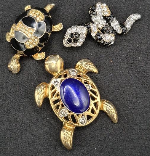 3 Vintage Enamel with Clear Stones Brooches - Turtles & Snake 1.75" & 2" Long