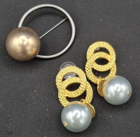 Vintage Statement Earrings 2.25" Long & Metal Pearl Brooch 2" Long