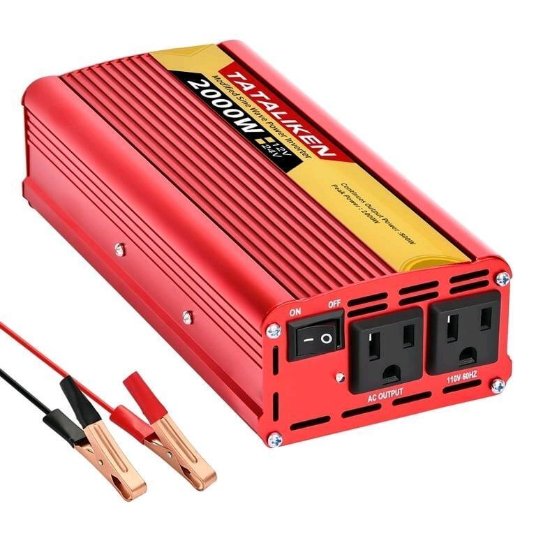 New TATALIKEN 2000W Power Inverter. DC 12V to AC 110V/120V Car Inverter with Battery Clamp Cable. 2 AC Outlets.