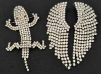Vintage Rhinestone Reptile Brooch & Angel Wing Earrings 3" Long