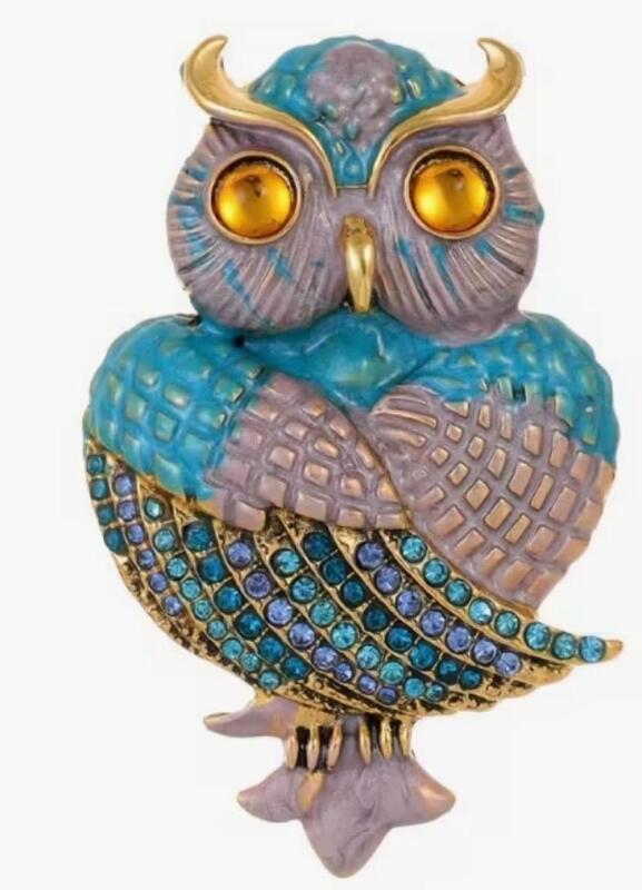 Baroque Beautiful Owl Brooch Lovely Enamel and Shades of Blue Rhinestonr Wing Tips Cabochon Wise Eyes Approximately 2.5 x 1.5&rsquo;&rsquo;