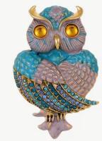 Baroque Beautiful Owl Brooch Lovely Enamel and Shades of Blue Rhinestonr Wing Tips Cabochon Wise Eyes Approximately 2.5 x 1.5&rsquo;&rsquo;