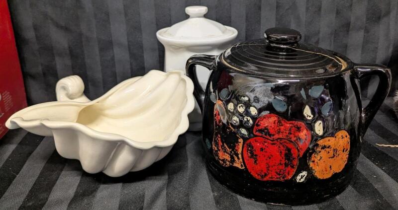3 Ceramic Vessels. Tallest Measures 7.5". Black Vessel has 2 Crack in Lid repaired.