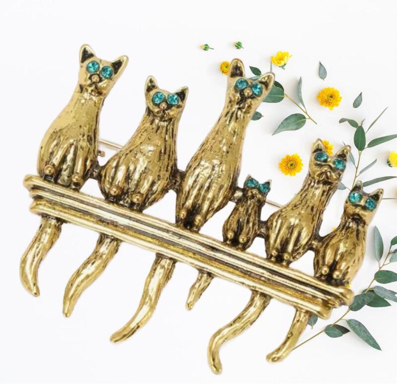 Whimsical Six Little Cat Brooch with Emerald Rhinestone Gemstone Eyes approximately 1.5 x 1.75&rsquo;&rsquo; Back Bale for Pendant Stock showing model