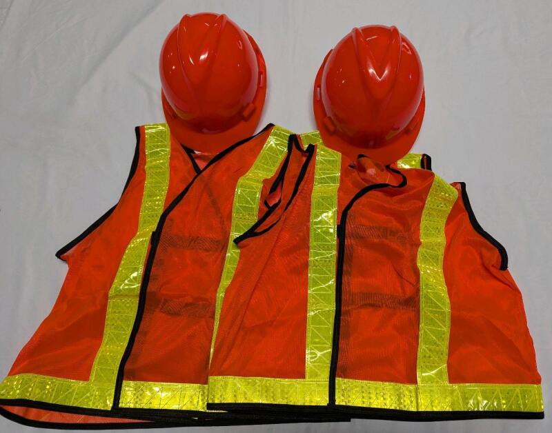 New Work Safe Lot. 2 MSA Size Large Super V Hard Hats & 2 Nother XL Traffic Vests.