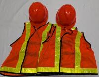 New Work Safe Lot. 2 MSA Size Large Super V Hard Hats & 2 Nother XL Traffic Vests.