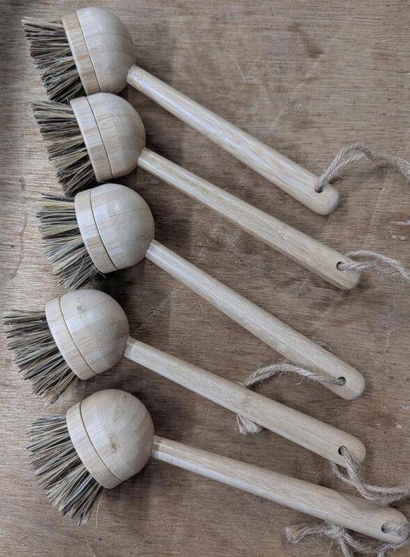 5 New Stiff Bristled Dish Scrub. With Replaceable Heads. 6" Long Handle.