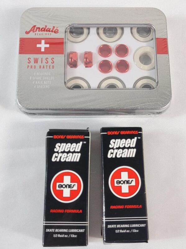 New - Andale Swiss Tin Box Bearing Skateboard Accessories,Red,Single Pack & 2 Bottles Bones Bearings Speed Cream Skate Bearing Lubricant , .5 Fluid Oz. . Retail $80