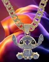 STITCH Rhinestone Studded Pendant Necklace Iced Out Cuban Link Necklace Statement Chain 23&rsquo;&rsquo; Pendant 2.25 x 2&rsquo;&rsquo; Black Enamel Eyes Blue Rhinestone Stitch Clear Stone Necklace