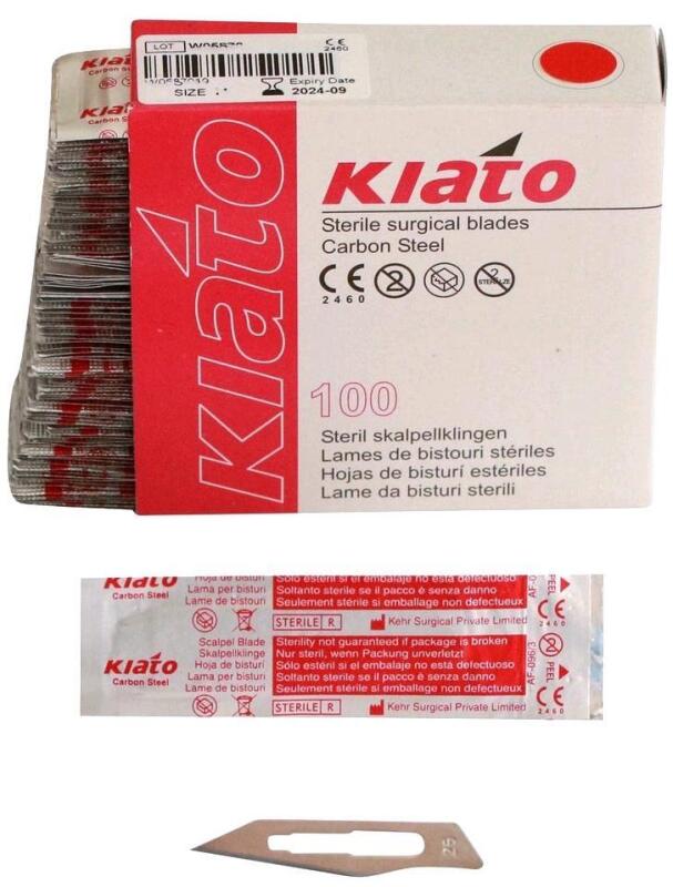 100pcs New KIATO No.25 STERILE SWISS Carbon Steel Semi Circular Cutting Edge Ultra Thin Sharp Scalpel Blades FOR CRAFTING ONLY [EXP 09/2024)