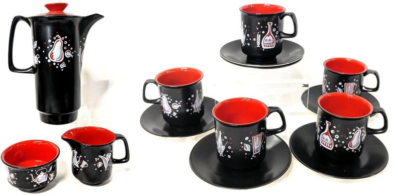 MCM Vintage CROWN DEVON Fieldings England 3pc Coffee Pot, Creamer & Open Sugar Dish Set + 5 Matching Cups + 6 Saucers, No Chips or Cracks, Crazing Present on Some Saucers