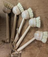 5 New Stiff Bristled Dish Scrub. With Replaceable Heads. 6" Long Handle.