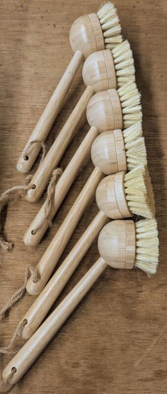 6 New Stiff Bristled Dish Scrub. With Replaceable Heads. 6" Long Handle.