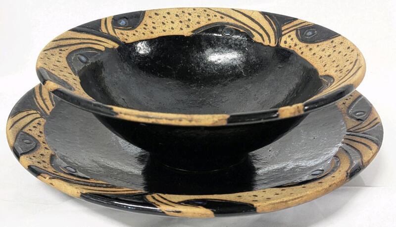 Signed Vintage 1982 A Rondeau Large 11.75" Dinner Plate & 9.5" D &times; 3.4" SlStoneware Salad Bowl Set, No Chips or Cracks, Plate Has Loop At Back for Hanging Display