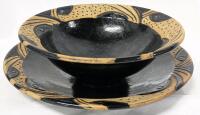 Signed Vintage 1982 A Rondeau Large 11.75" Dinner Plate & 9.5" D &times; 3.4" SlStoneware Salad Bowl Set, No Chips or Cracks, Plate Has Loop At Back for Hanging Display
