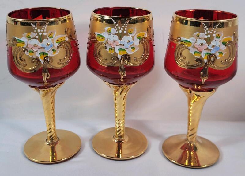 Vintage MCM " Tre Fuochi " Glass Wine Goblets , Set of 3 . Measures 6 &frac14;" tall . No chips or cracks